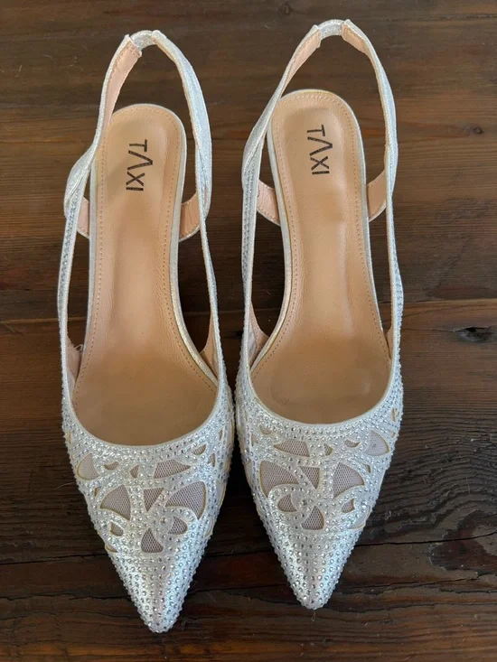 TAXI Silver Embellished Pointed Toe Slingback Heels - Picture 1 of 7